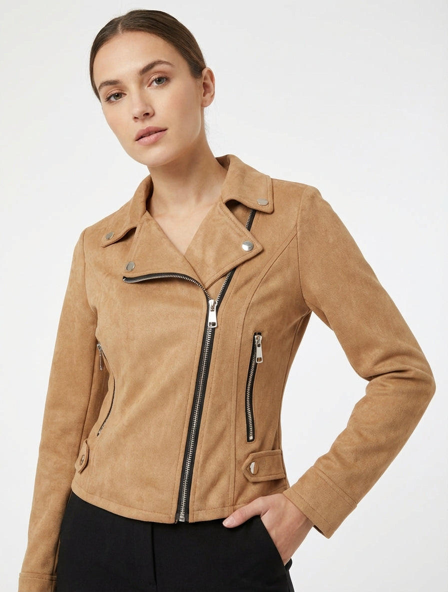 Veste en suédine à fermeture zippée - Camel - 4